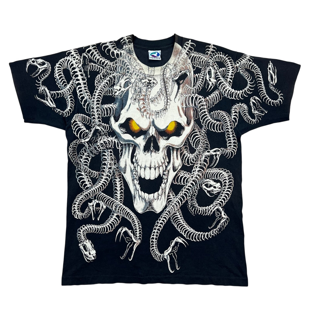 Vintage 1993 Liquid Blue Skull Snake Skeleton AOP Tee
